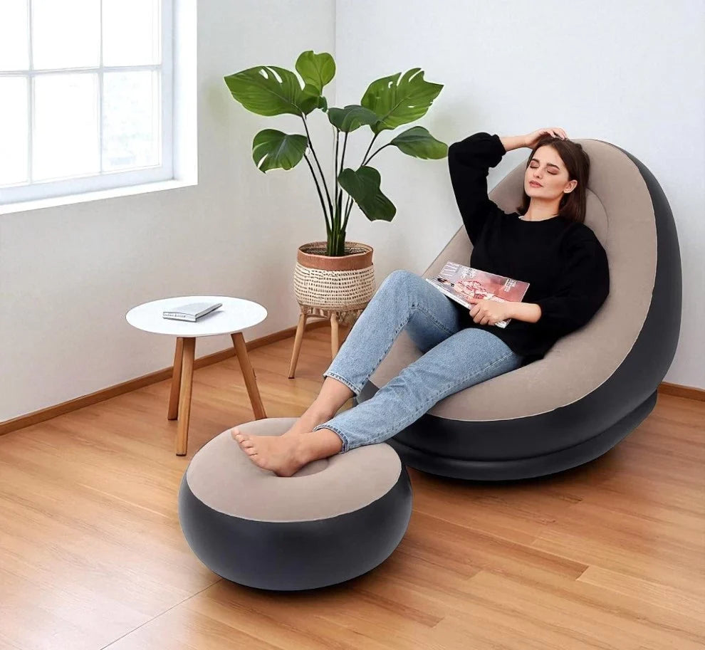 Inflatable Lazy Sofa Chair with Footstool – Ergonomic, Portable & Ultra Comfortable