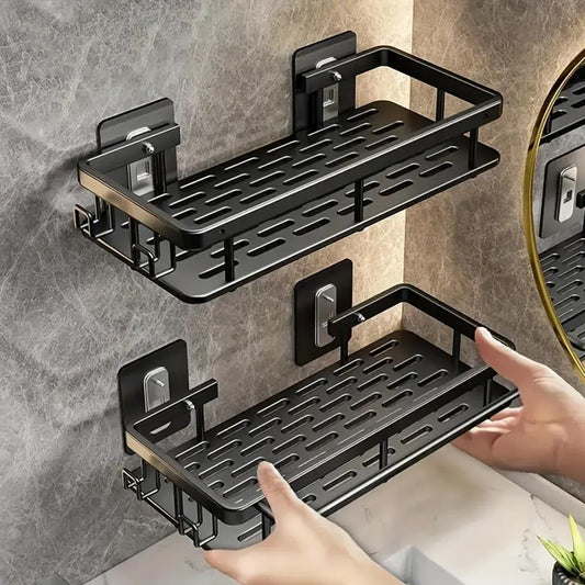 Aluminium Self-Adhesive Bathroom Shelf | Wall Mounted Storage Rack | Suitable for Shampoo, Soap & Toiletries | Easy Install No Drill Organizer for Bathroom Accessories | (2pcs-Black)