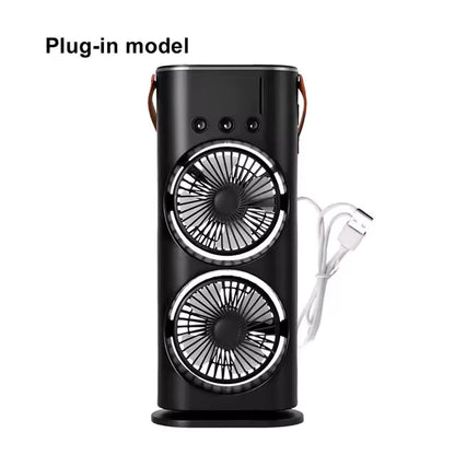 Dual Head Spray Tower Fan with Control Humidifier Rechargeable Desk Fan with 3 Wind Speed For Home Office Travel Camping